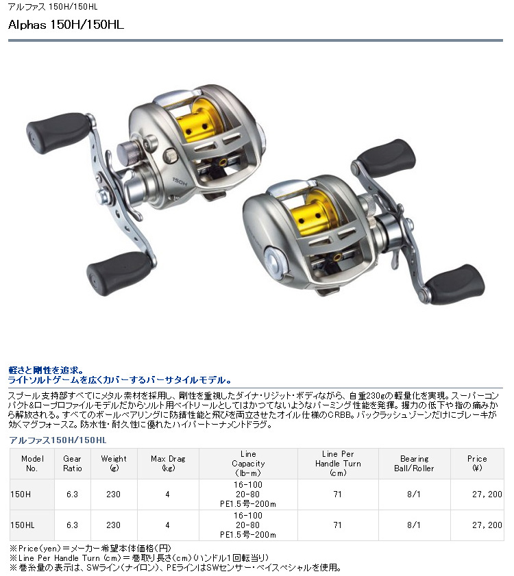 ダイワ　アルファス　Alphas 150HL アルファス 150HL｜＠ベリーネット 日本最大新品中古釣具WEBショップ