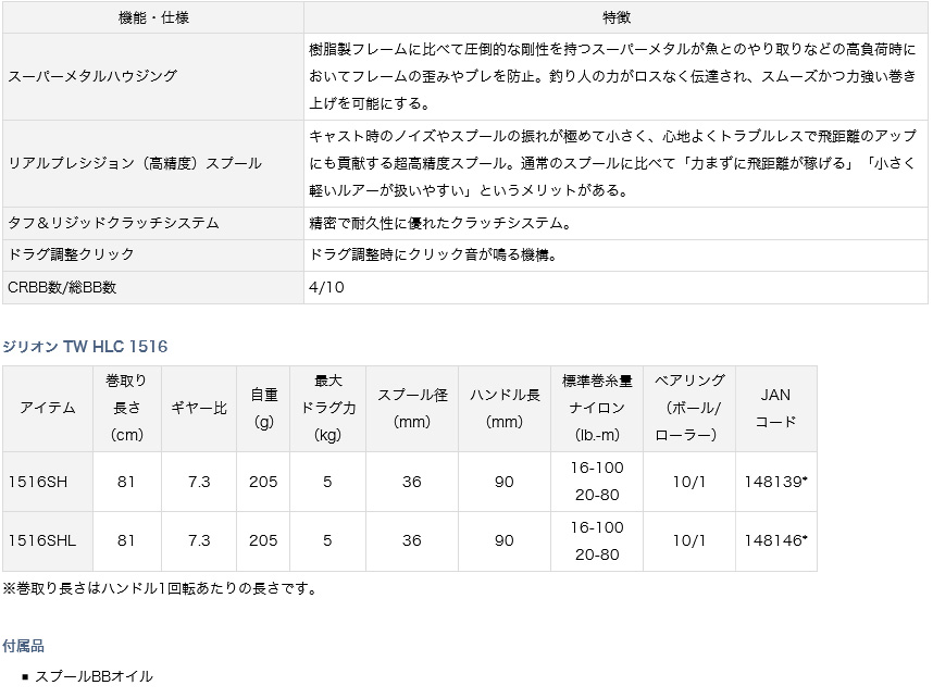 リール/両軸リール/○【ベイトリール】ジリオン TW HLC 1516 リール/両軸リール/○【ベイトリール】ジリオン TW HLC 1516